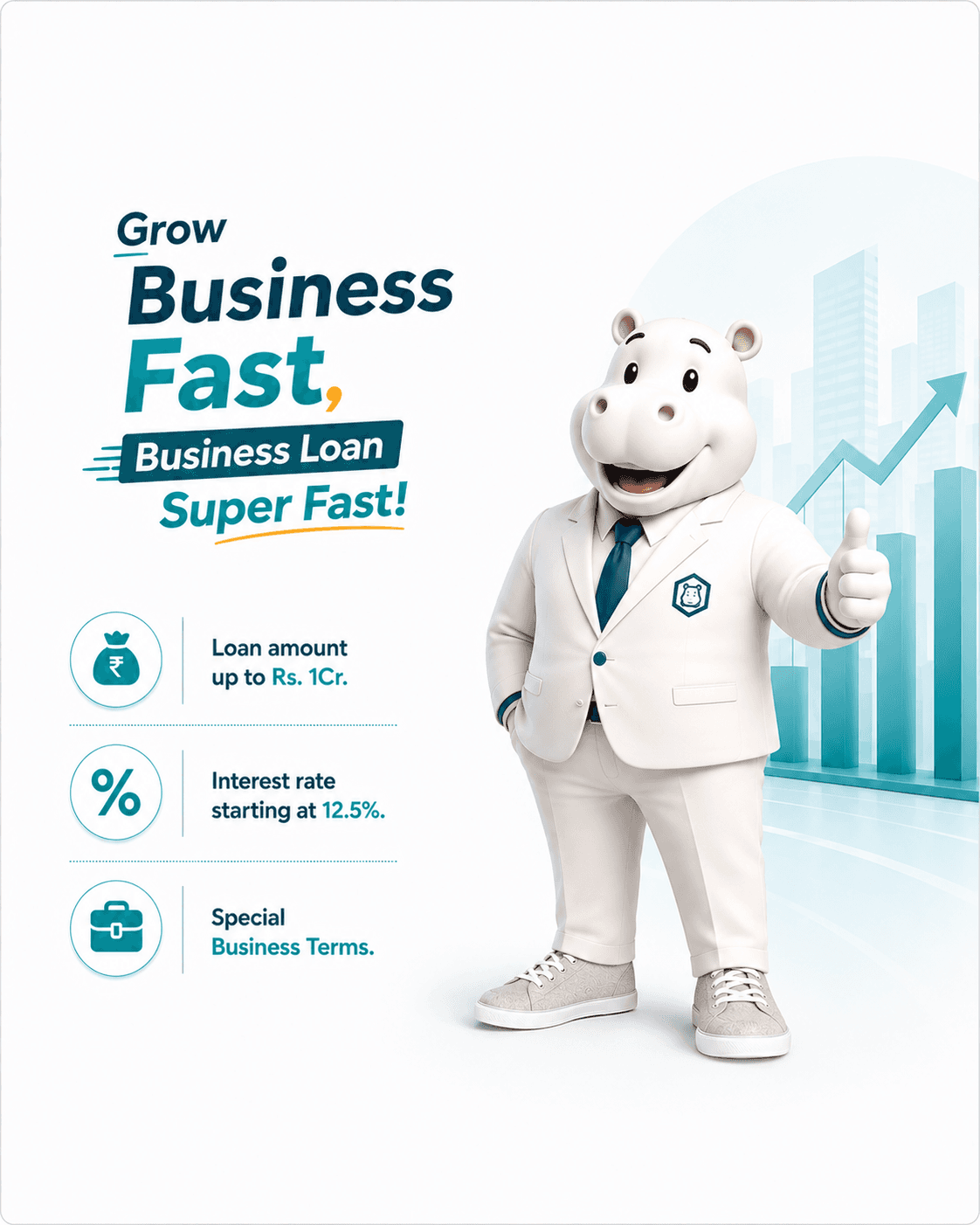 HippoMoney mascot in a business suit giving a thumbs-up beside the headline 'Grow Business Fast, Business Loan Super Fast!' with icons for loan amount up to Rs. 1 crore, interest rate starting at 12.5%, and Special Business Terms