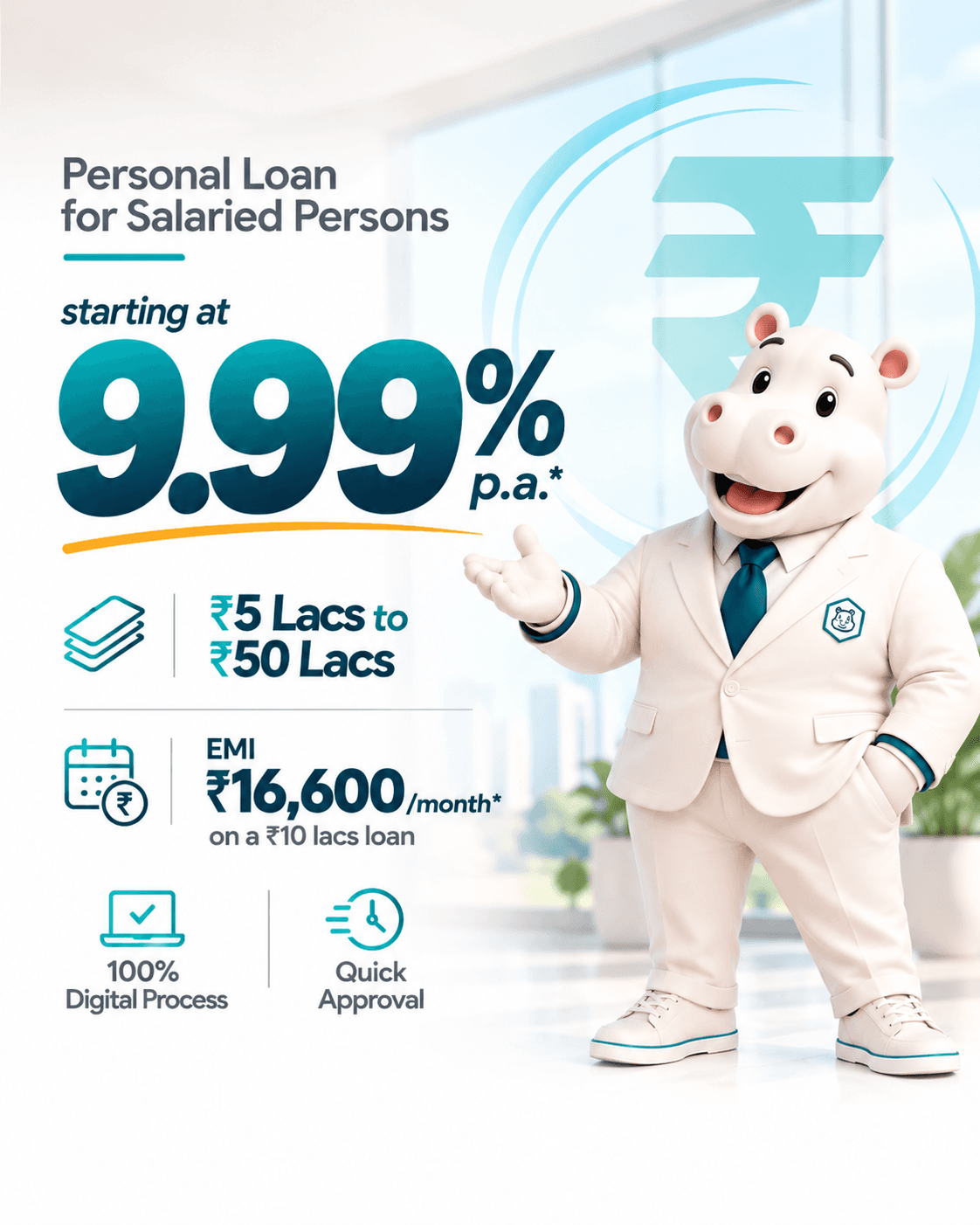 Personal loan for salaried persons starting at 9.99% p.a., from ₹5 Lacs to ₹50 Lacs, EMI ₹16,600/month on a ₹10 lacs loan, 100% digital process and quick approval — HippoMoney hippo mascot in a white suit and teal tie gesturing toward the rate