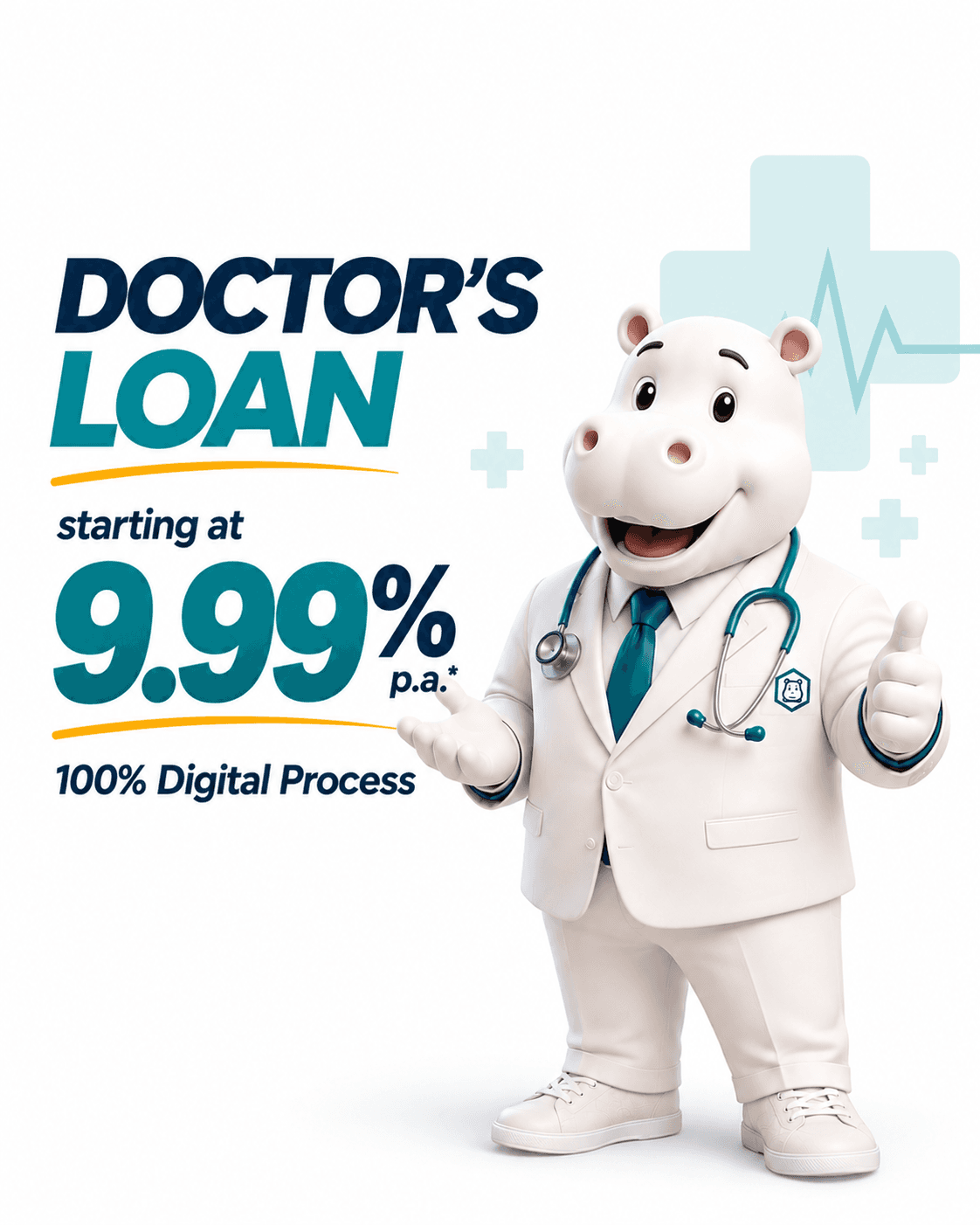 HippoMoney mascot dressed as a doctor with a stethoscope and a hexagonal hippo badge, giving a thumbs-up, beside the headline 'Doctor's Loan' with a medical-cross and heartbeat icon, showing interest rates starting at 9.99% p.a. and 100% Digital Process